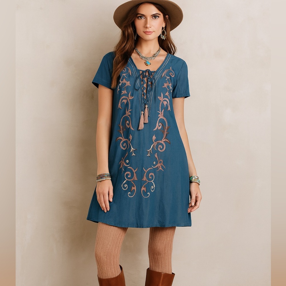 Lulu’s Down in Kokomo Blue Chambray Floral Embroidered Fall Shift Mini Dress